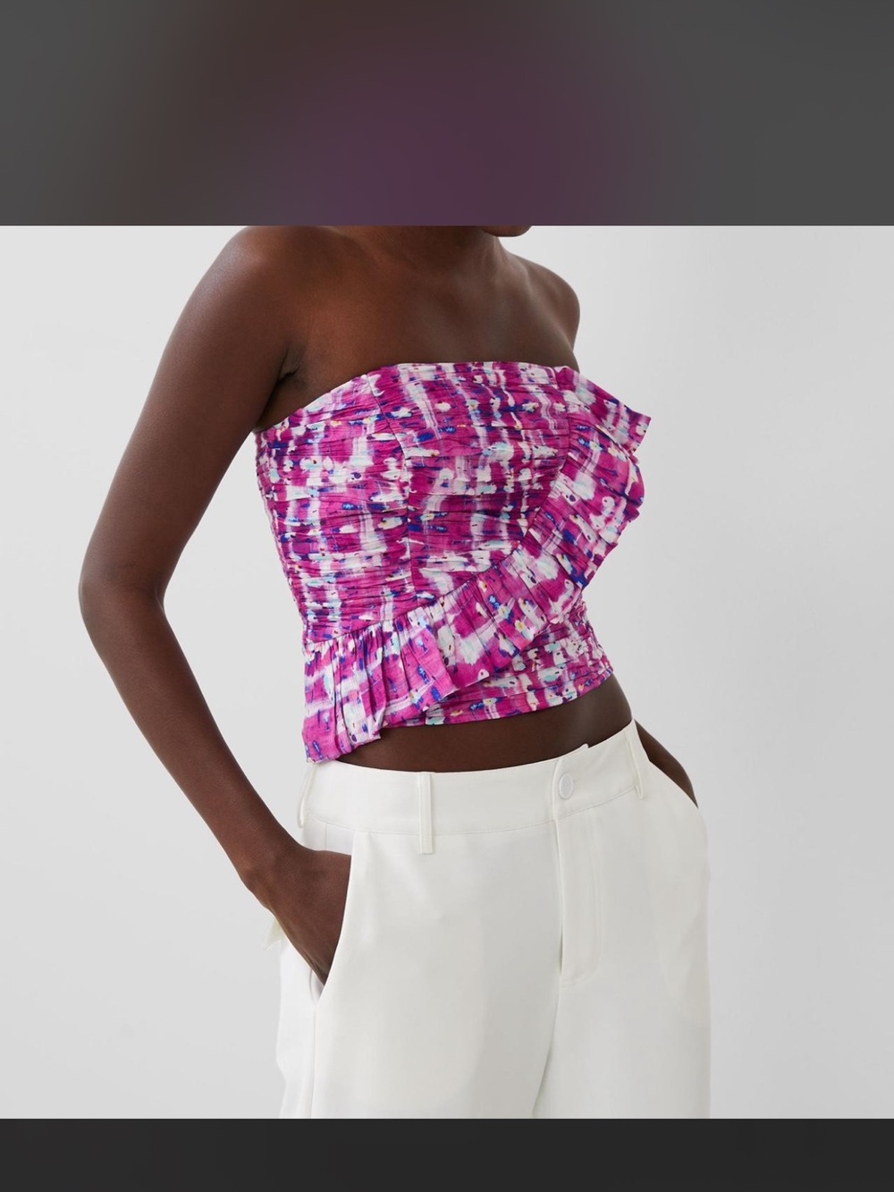 French Connection Pink Multi Strapless Ruffled Crop Top